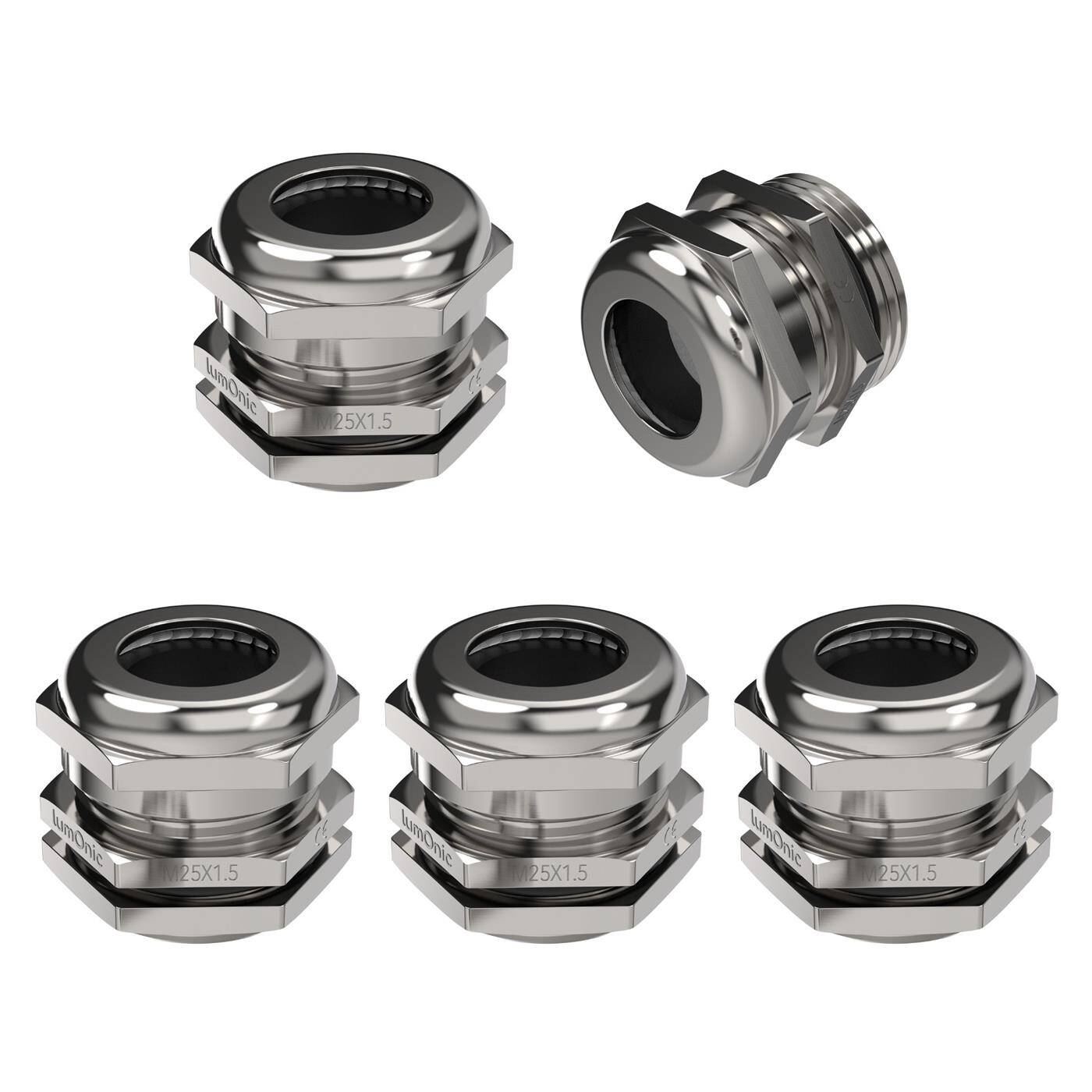 Lumonic Set of 5 metal cable glands M25 | Clamping range 10-14mm | IP68 | with locknut | Nickel-plated brass, EMC | -40...+100°C | corresponds to PG16