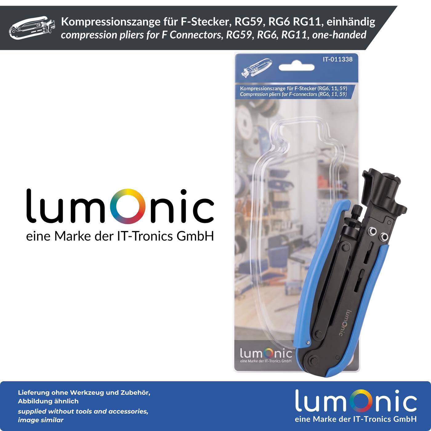 Lumonic Compression Pliers for F Connectors, RG59, RG6, RG11, One-Handed - Adjustment Wheel for RG59, RG6, and RG11, Axial Compression, Metal, for Coaxial Cables, Satellite Cables, and Antenna Outlets
