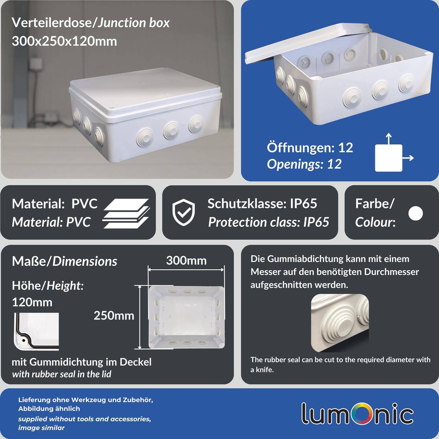 Verteilerdose Aufputz IP65 300x250x120mm 12 Öffnungen Abzweigdose Wasserdicht Weiß Anschlussdose Klemmdose
