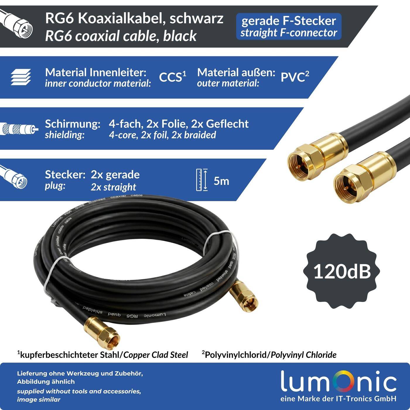 Lumonic 5m Antenna cable RG6 | Gold-plated straight F plugs | black | 4-fold shielded 120dB | ready-made | Coaxial cable, satellite cable, DVB-T2, cable internet
