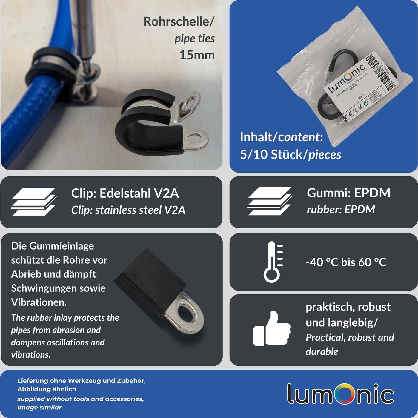 5x P-Clip Leitungsschelle Edelstahl V2A mit Gummi 15mm Rohrschelle Befestigungsschelle