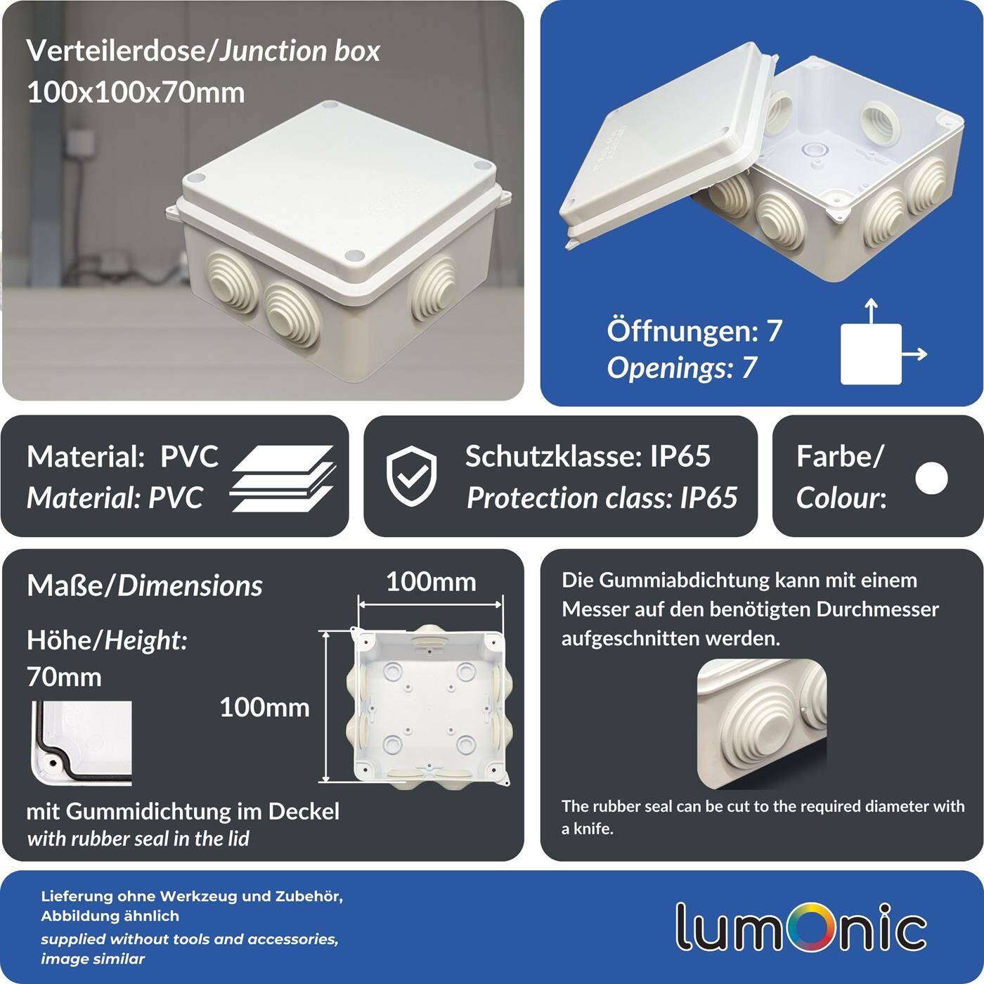 Lumonic Verteilerdose weiß 100x100x70mm mit 7 Öffnungen I Abzweigdose Aufputz - IP65 I Verbindungsdose, Klemmdose, Abzweigkasten für Innen & Außen