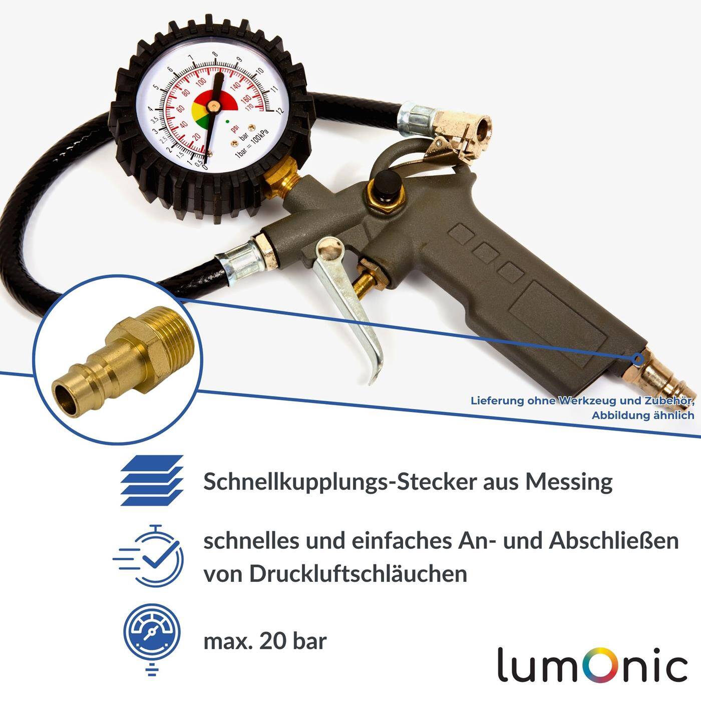 Lumonic I Kupplungsstecker mit Außengewinde I 3/8" I aus Messing I Druckluftkupplung-Stecker I Schnellkupplung I für Werkstätten, Betriebe und Heimwerker