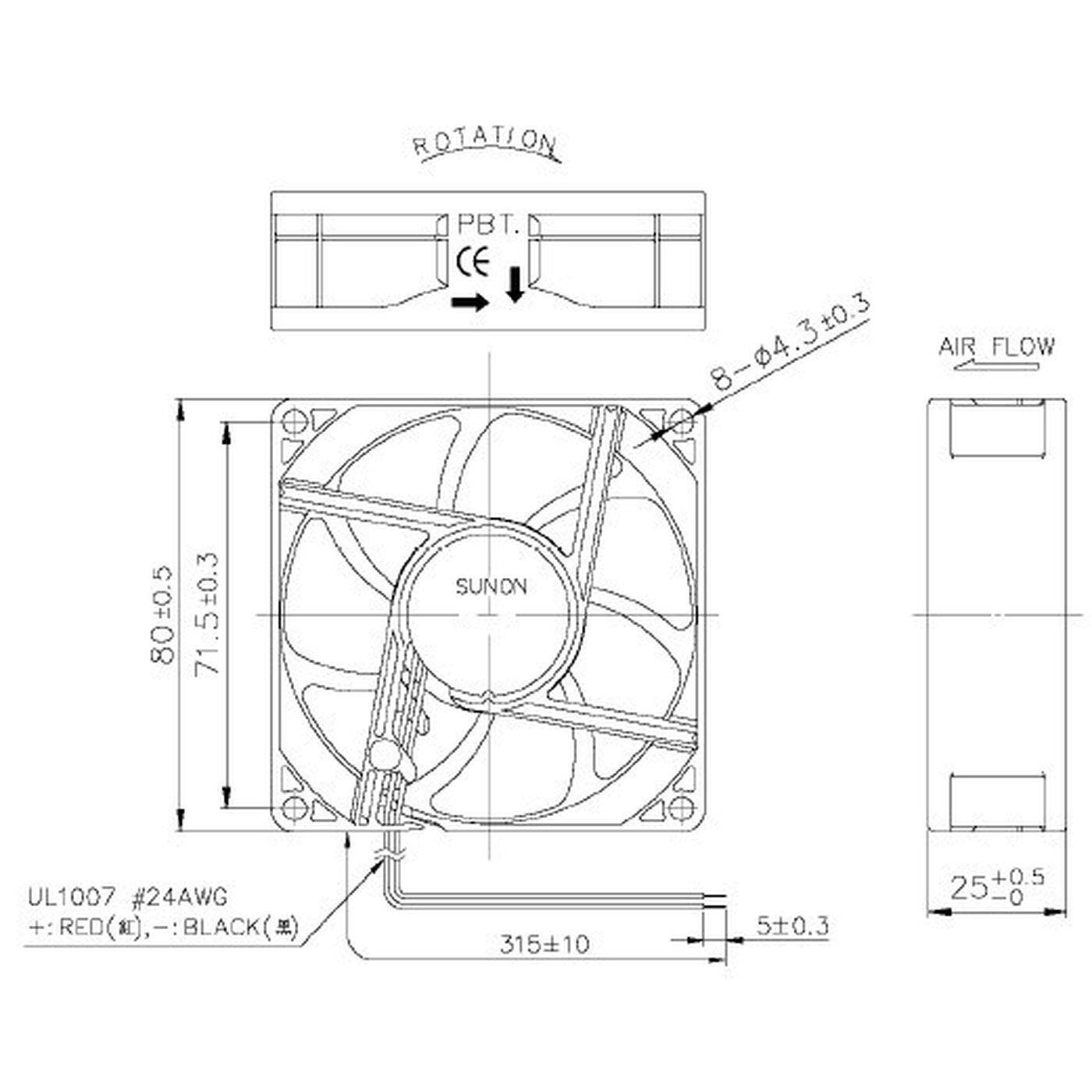 Lüfter 24V DC 1,32W 80x80x25mm 69,6m³/h 3200U/Min 69,6m³/h Sunon EF80252S11000UA99