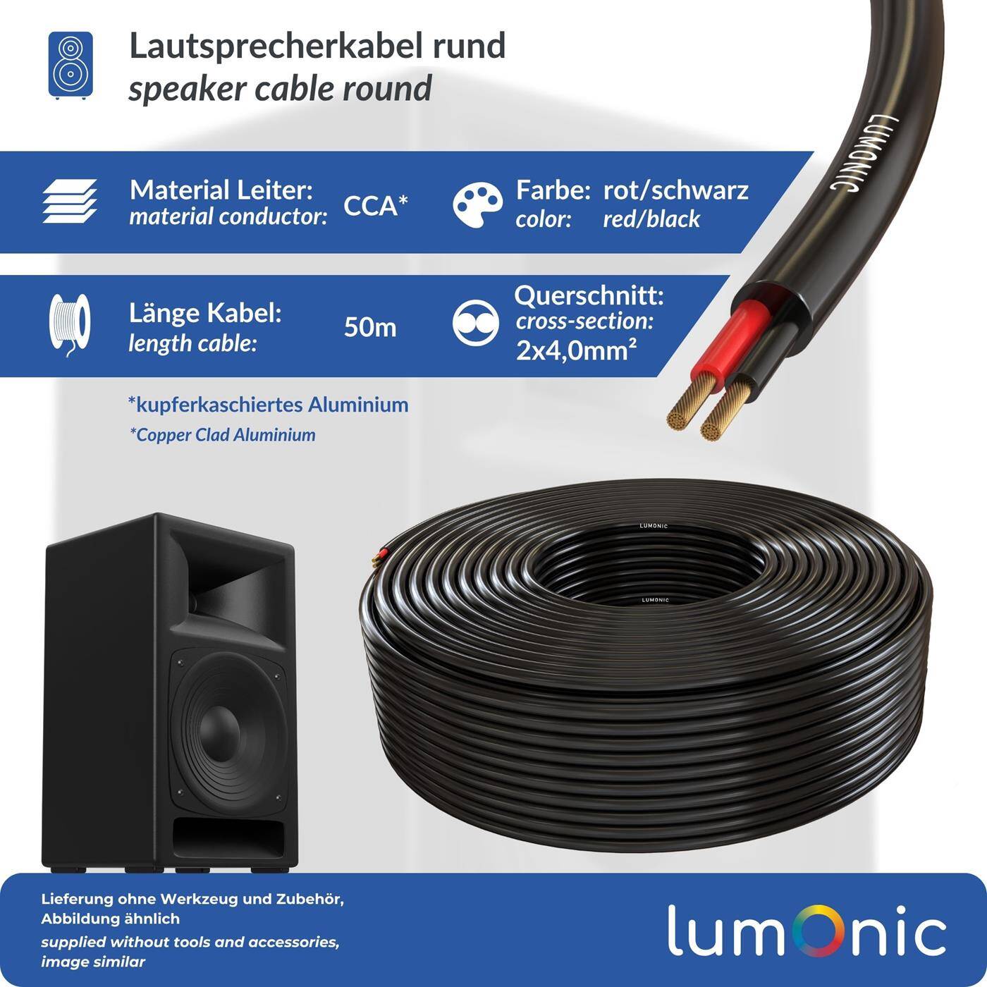 Lumonic Lautsprecherkabel 50m Schwarz  | 2x 4mm² CCA | HiFi Boxenkabel | Audio Rundkabel | Profi PA Installations- Audio- Rundkabel