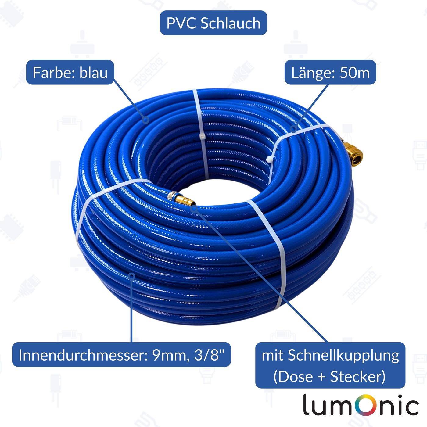 50m Druckluftschlauch mit Schnellkupplung 9mm PVC Druckluftverlängerung Dose & Stecker fertig konfektioniert flexibel, abriebfest und gewebeverstärkt 50m Druckluftschlauch mit Schnellkupplung 9mm PVC Druckluftverlängerung Dose & Stecker fertig konfektioniert flexibel, abriebfest und gewebeverstärkt