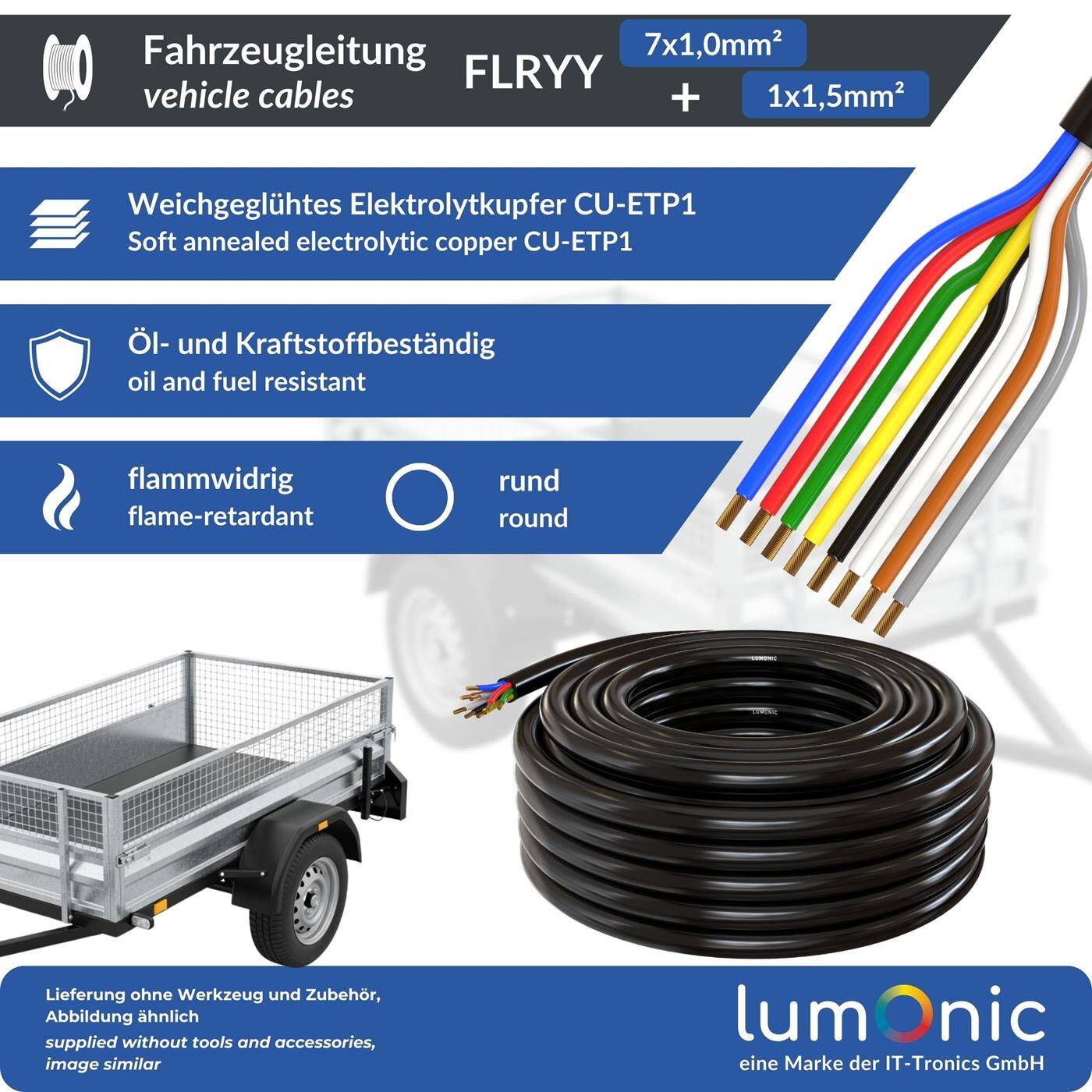 Lumonic 1m FLRYY Vehicle cable 7x1mm² + 1x1,5mm² black | 7-core | Trailer cable | Multi-core automotive cable | Oil and fuel-resistant, flame-retardant | Low voltage