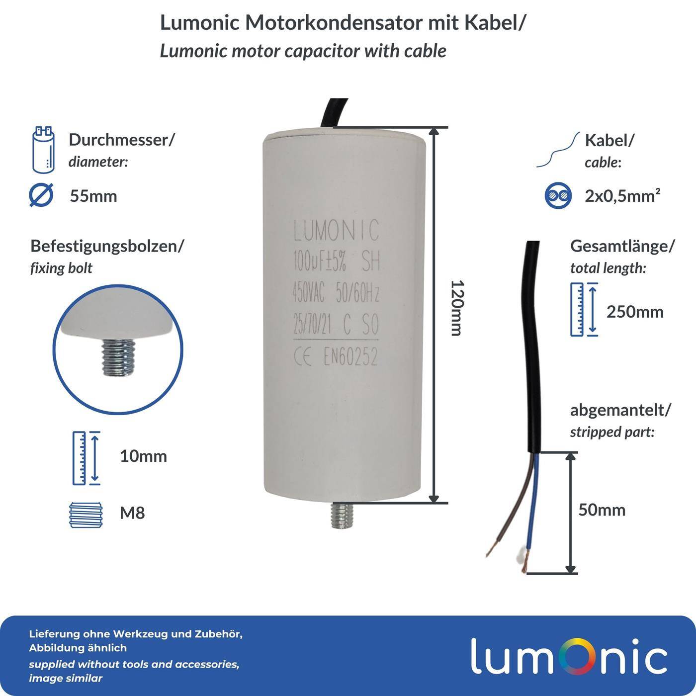 Lumonic Starting capacitor 100µF 450V | with Cable I 55x120mm I 100uF I Motor capacitor with plastic housing I Operating capacitor I for pumps, lawn mowers, tools