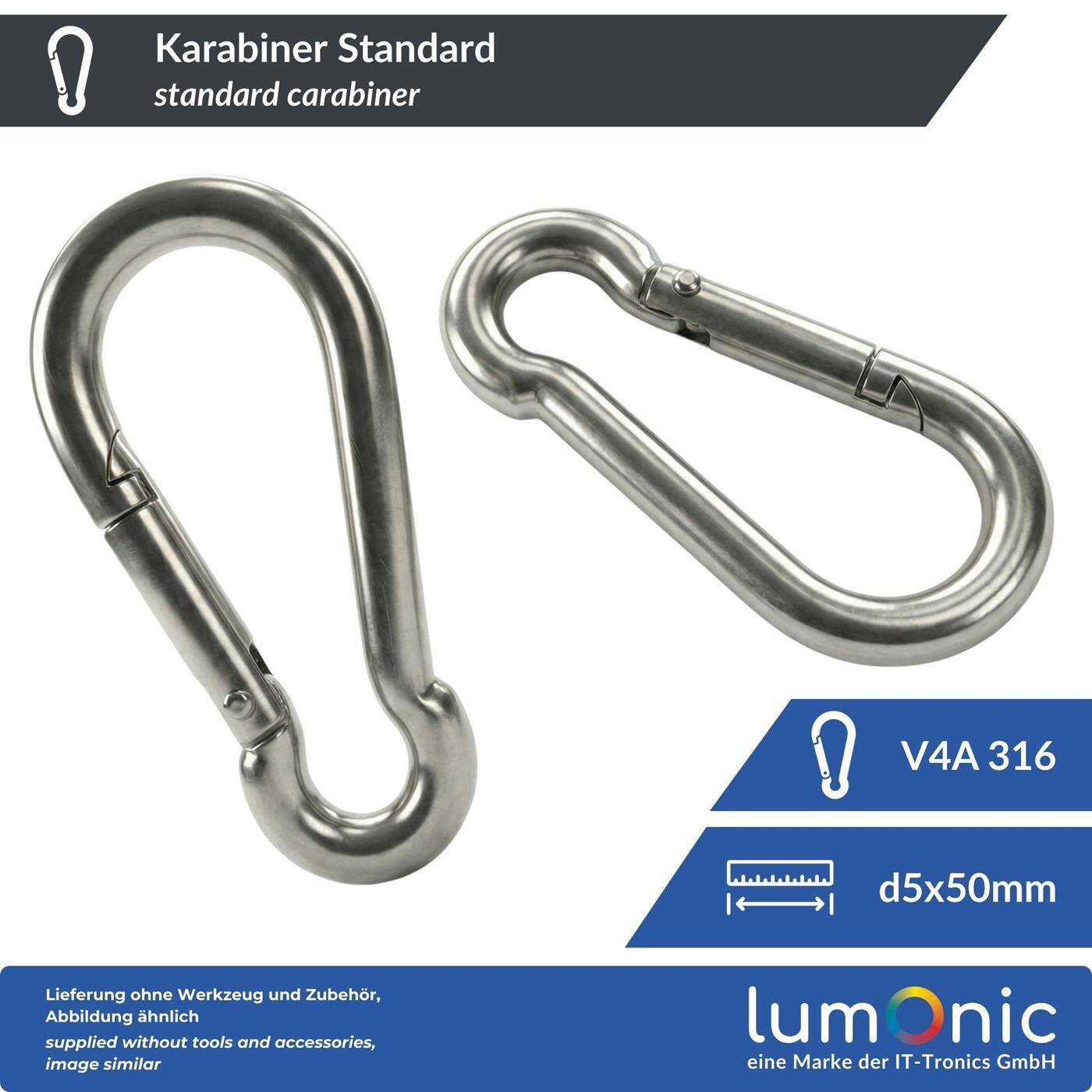 Lumonic Standard V4A stainless steel carabiner | 5x50mm | Stainless + seawater resistant | for awnings, hammocks, dogs, camping