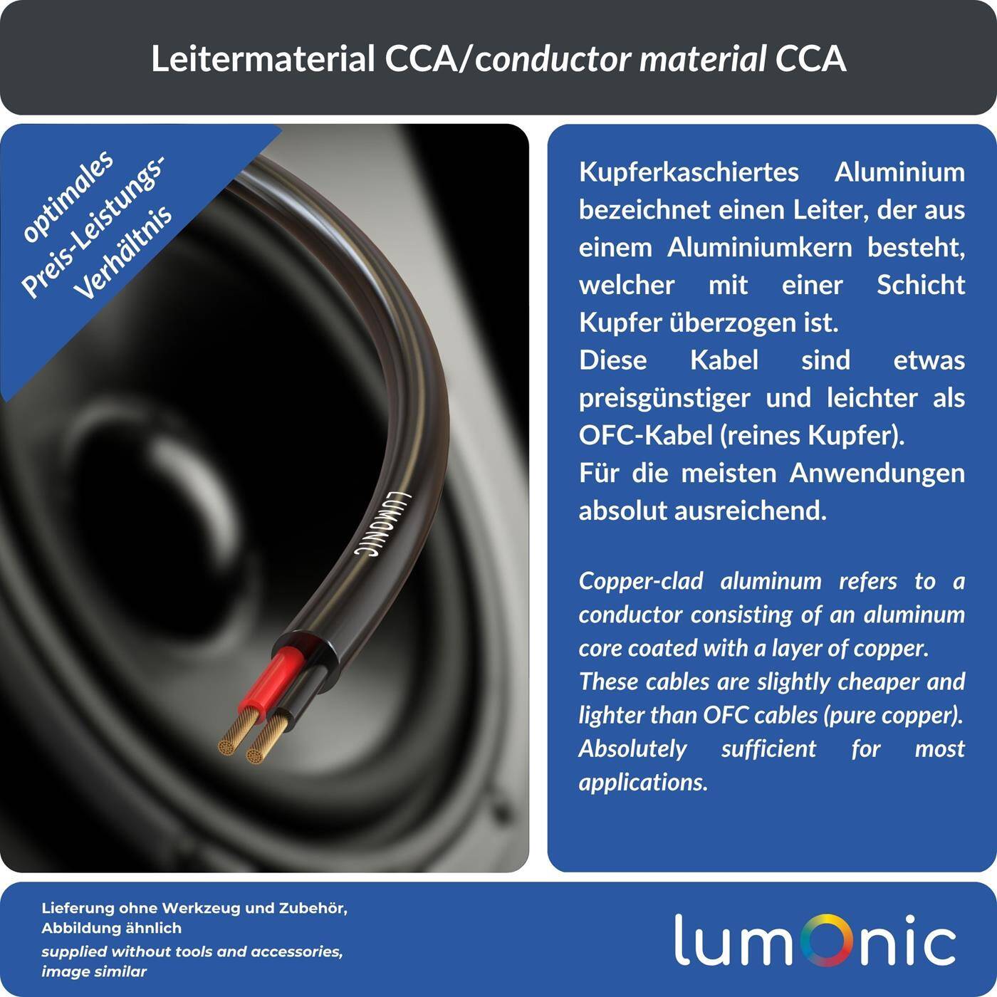 Lumonic Lautsprecherkabel 10m Schwarz  | 2x 1,5mm² CCA | HiFi Boxenkabel | Audio Rundkabel | Profi PA Installations- Audio- Rundkabel