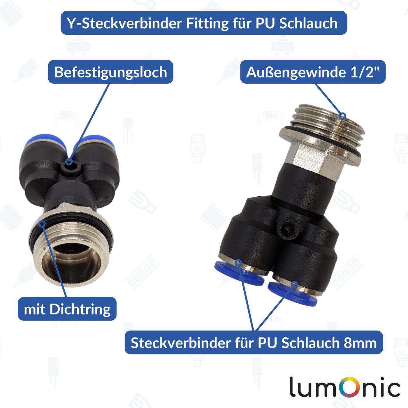 PU Schlauch Y-Steckverbinder Fitting mit Außengewinde 8mm*1/2Zoll Y-Stück Push-in pneumatischer Steckverbinder Y-Verteiler Druckluft & Automatisierung