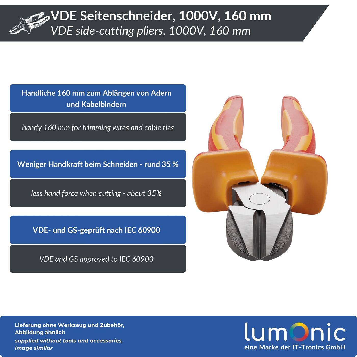 Lumonic VDE Side Cutters 1000V Heavy-Duty, 160 mm - For soft, medium-hard, and hard wire, 60CrV steel, two-component handle, for electrical installations