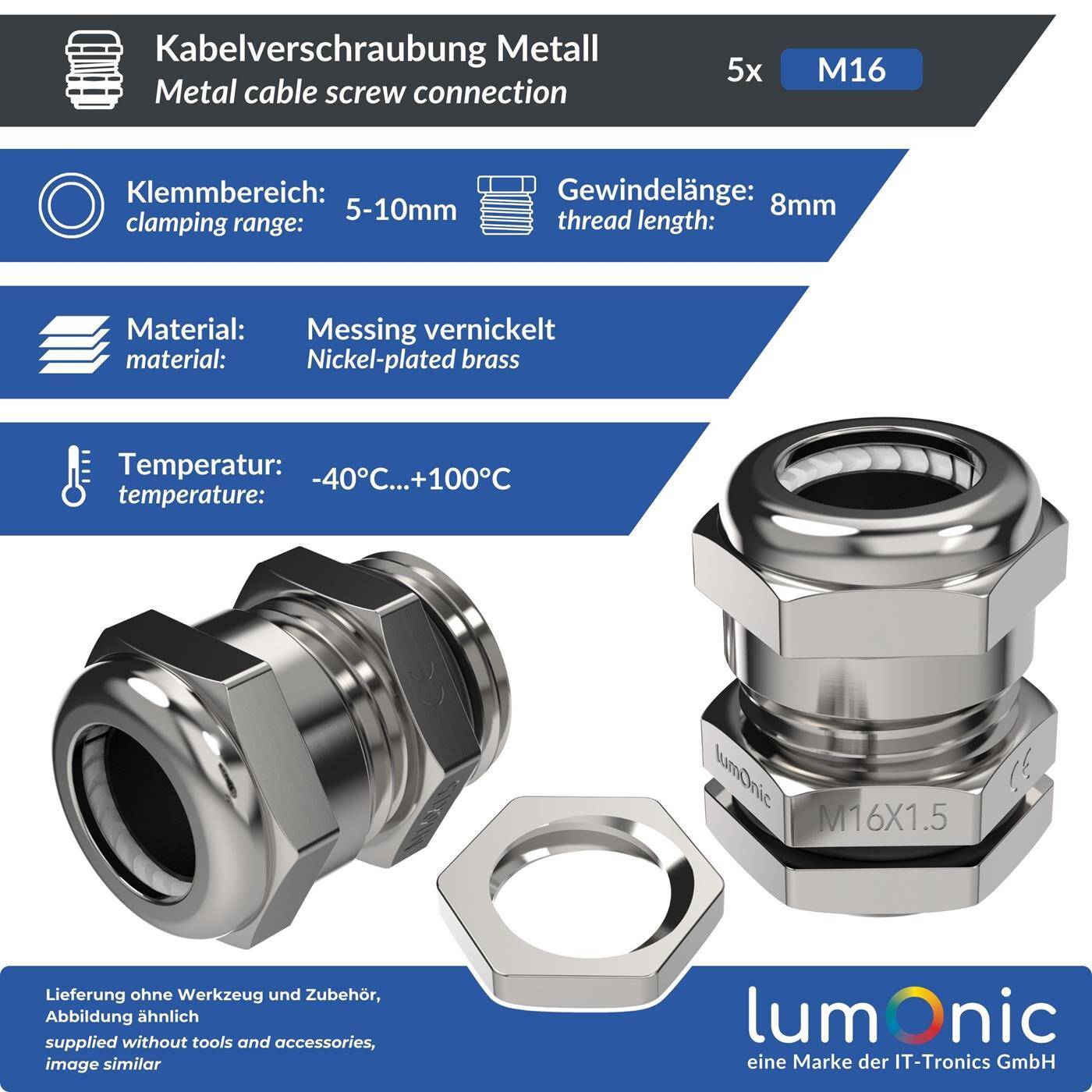 Lumonic Set of 5 metal cable glands M16 | Clamping range 5-10mm | IP68 | with locknut | Nickel-plated brass, EMC | -40...+100°C | corresponds to PG9