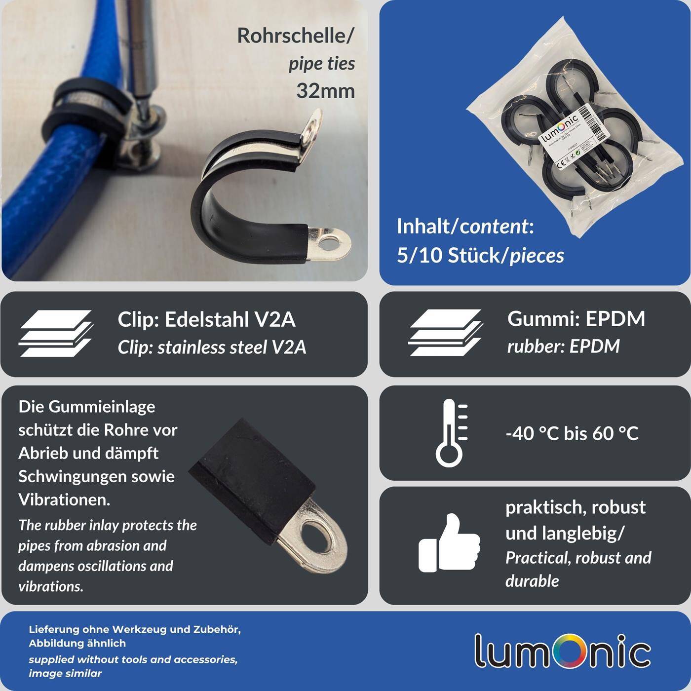 Lumonic 5x 32mm Rohrschellen mit Gummieinlage Edelstahl V2A I Kabelschellen zum Schrauben I Schlauchschelle 32mm, Rohrschellen, Befestigungsschelle 32mm, Rohrhalterung