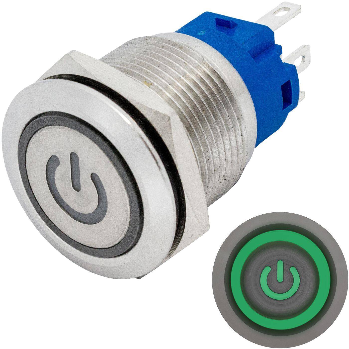 Lumonic Edelstahl Drucktaster flach 19mm Durchmesser I Mit einer Power LED in Grün Maße: 2,8x0,5mm Pin s 250V 3A I Vandalismussicher nach dem IP65 Standard