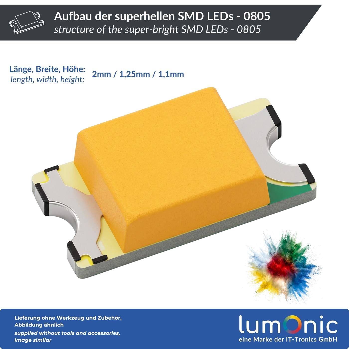 Lumonic 50x Superhelle LEDs vom Typ SMD 0805 - High Power LEDs zum selber Löten DIY in Farbe Kalt-Weiß 6000K - Maße: 2x1,25mm