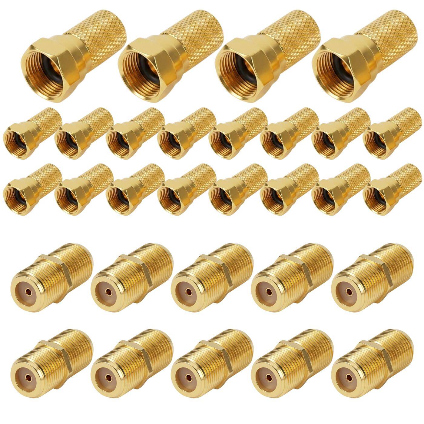 Lumonic F-Stecker Set vergoldet | 20x F-Stecker 7mm + 10x F-Verbinder | einfache Verlängerung von Antennenkabel | für Koaxialkabel, SAT Kabel, Kabelinternet