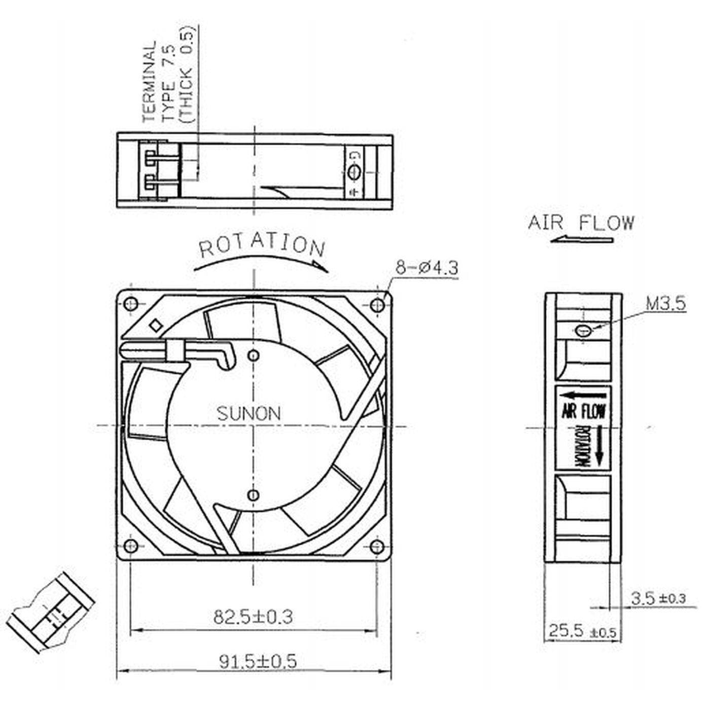 Lüfter 230V AC 14,5W 92x92x25mm 49,2m³/h 2250U/Min 49,2m³/h Sunon SF23092A2092HST