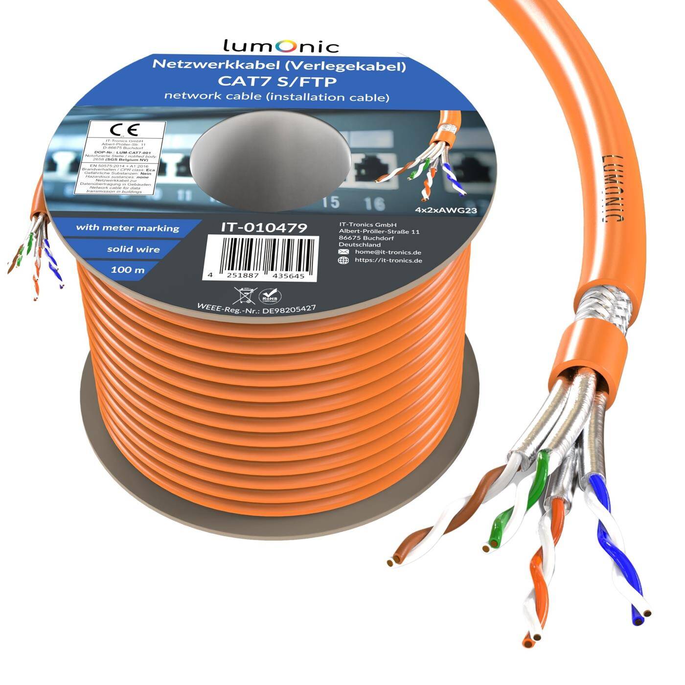 Lumonic CAT7 Network cable S/FTP 100m | Installation Cable AWG 23 | 100% Copper OFC | 10 Gbit/s | halogen-free | 600 MHz | LAN Cable, Ethernet Cable