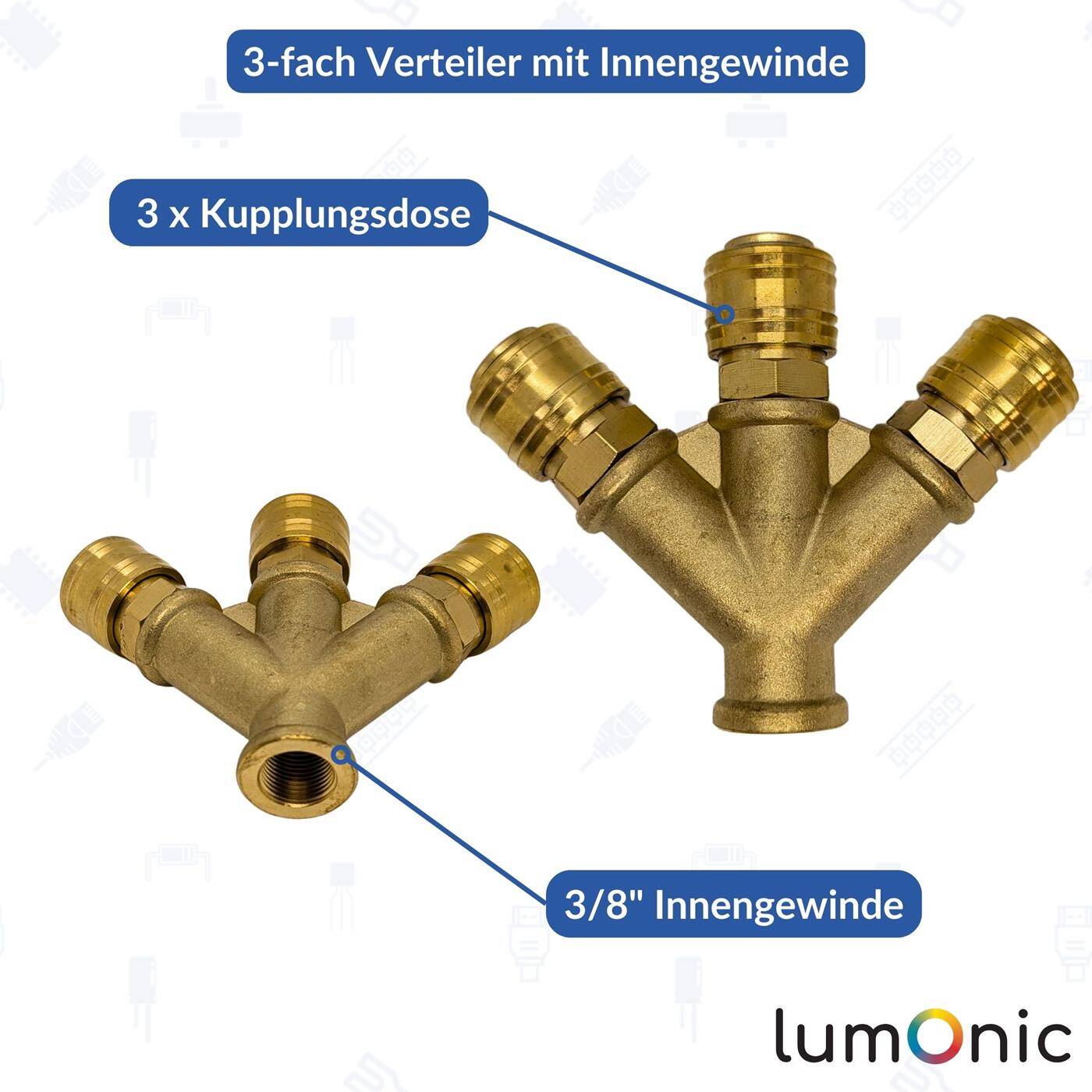 Druckluftverteiler 3-fach mit Innengewinde 3/8" aus Messing Druckluft-Verteiler Druckluftweiche Schnellkupplung Mehrfachverteiler für Werkstätten, Betriebe und Heimwerker