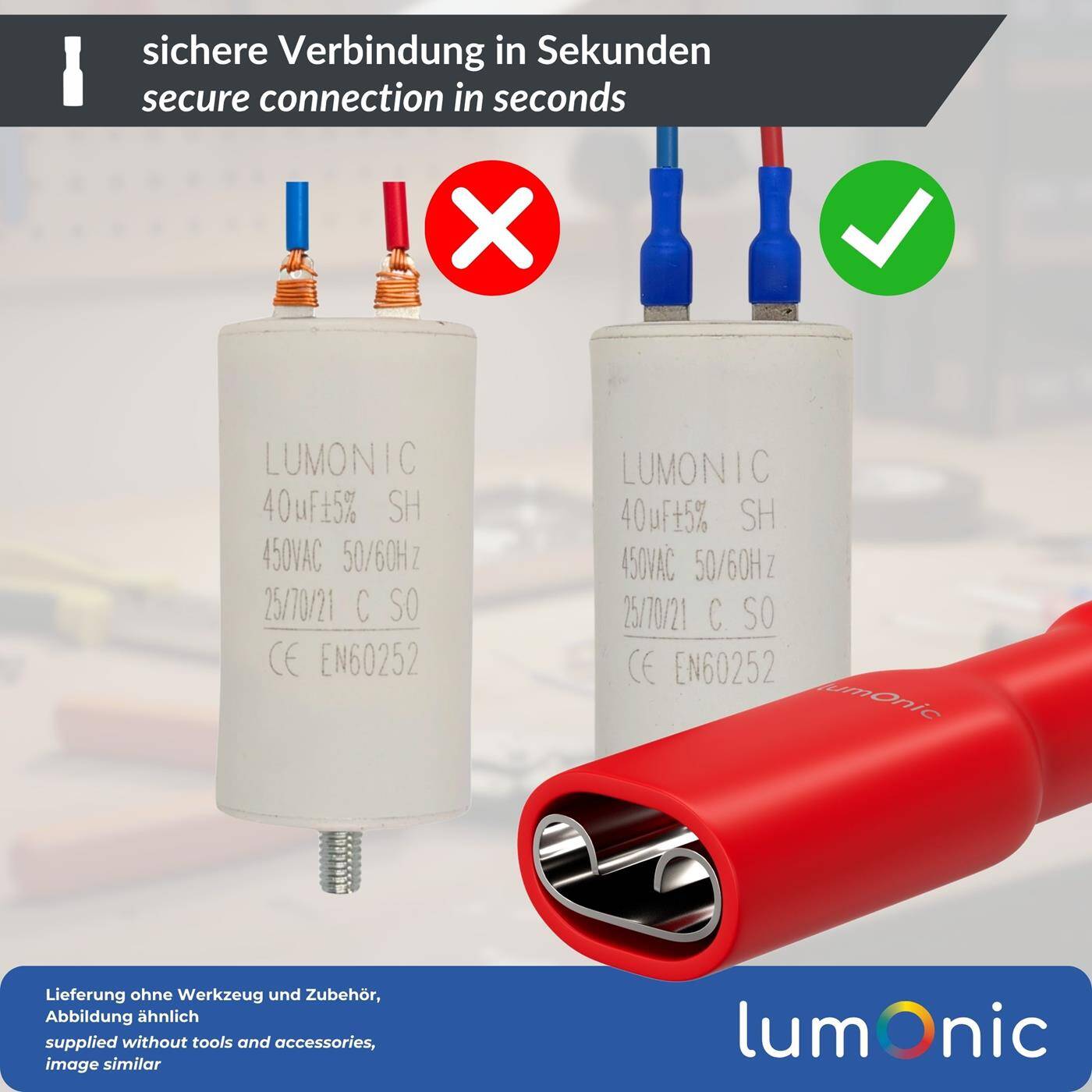 Lumonic 25x Flat receptacle 0,5-1,5mm²  | for flat plug 0,8 x 4,8mm | Fully insulated | Cable connector without soldering | Tin-plated brass cable lug | Automotive, mechanical engineering