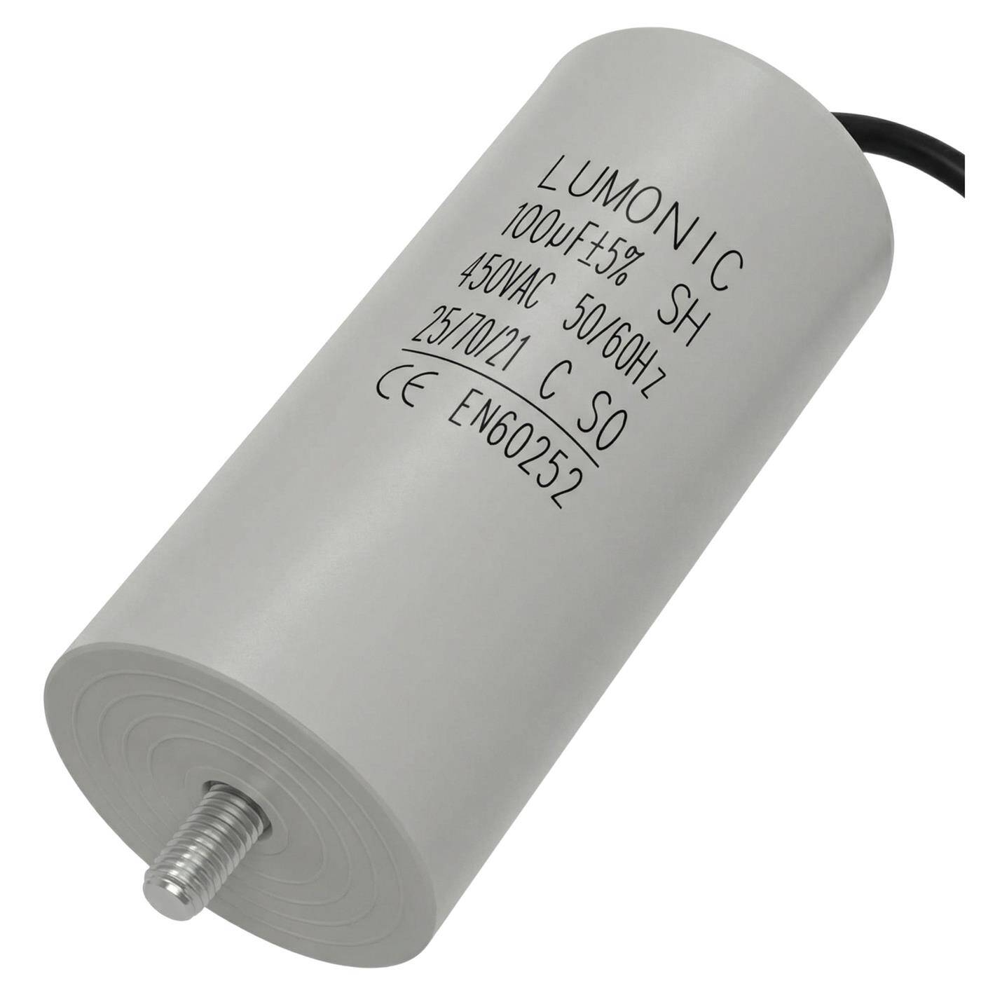 Lumonic Starting capacitor 100µF 450V | with Cable I 55x120mm I 100uF I Motor capacitor with plastic housing I Operating capacitor I for pumps, lawn mowers, tools