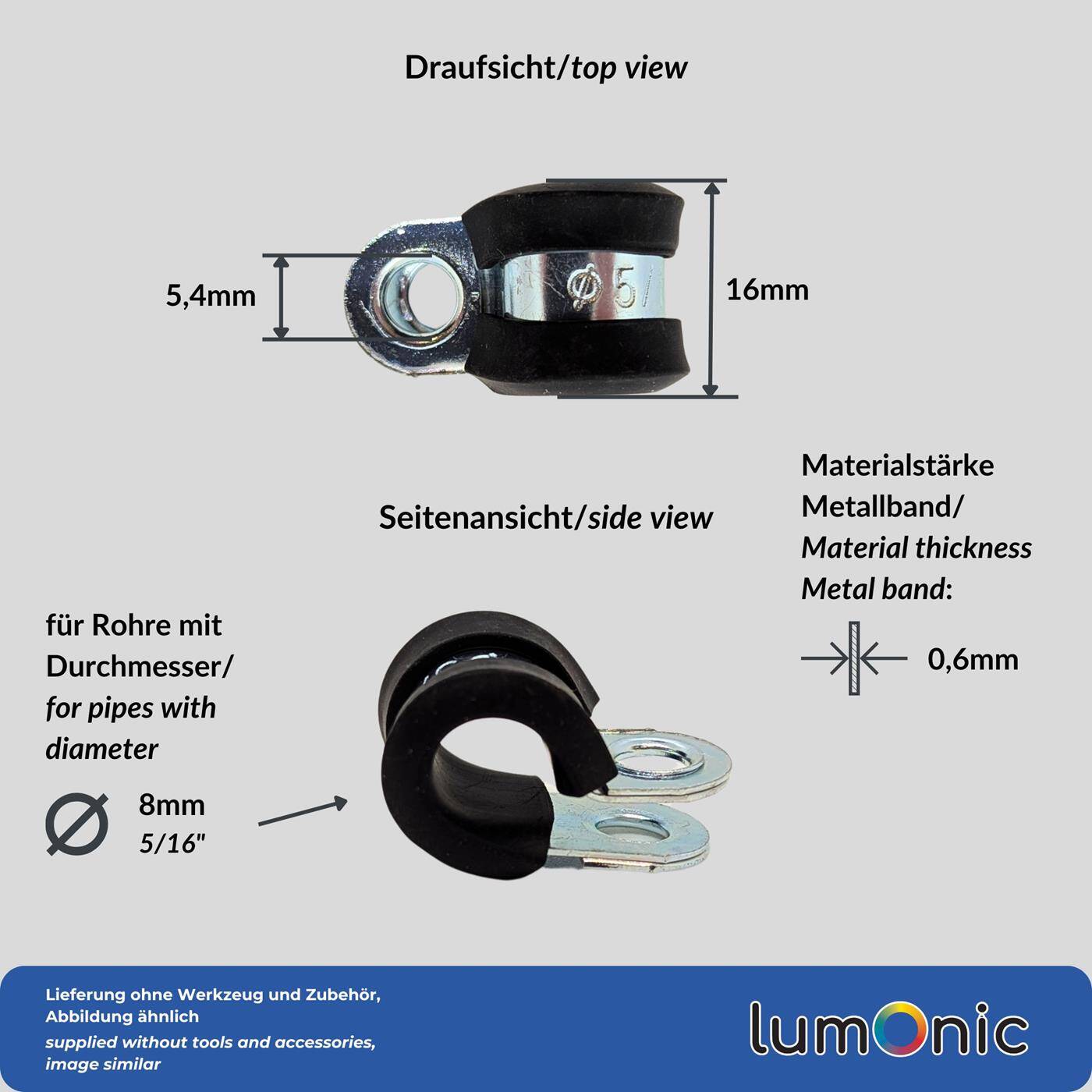 Lumonic 5x 8mm Rohrschellen mit Gummieinlage I Kabelschellen zum Schrauben I Schlauchschelle 8mm, Rohrschellen, Befestigungsschelle 8mm, Rohrhalterung