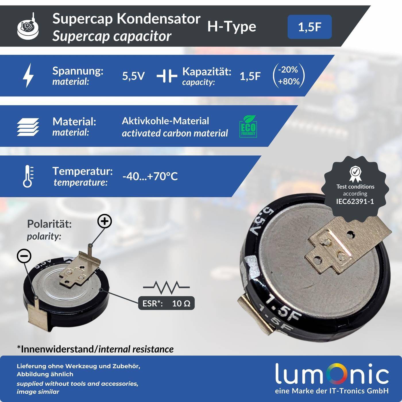 5x Supercap 1,5F 5,5V H-Type, EDLC for direct use, high capacity, 5.5V monoblock - no balancing necessary, flicker protection, backup, Arduino, PLC, heating