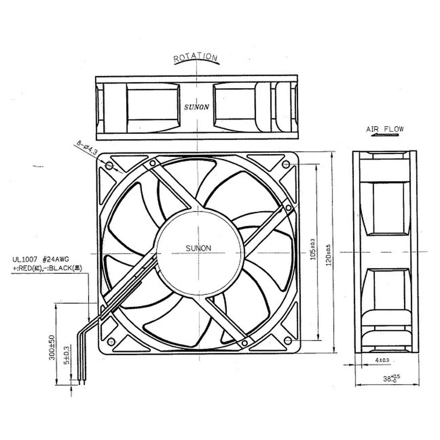 Fan 24V DC 18,2W 120x120x38mm 322,7m³/h 4200U/Min 322,7m³/h Sunon PMD2412PMB1A