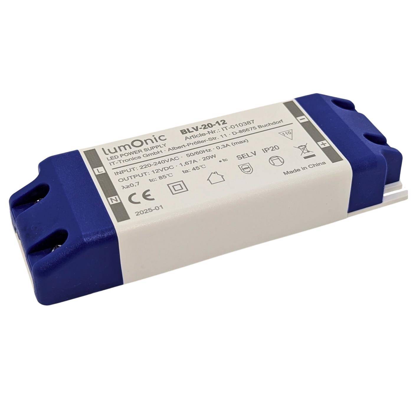 Lumonic I LED transformer BLV-20-12 I 12V 20W I Input 220-230VAC I flicker-free I Overload protection I LED power supply unit I for LED lighting