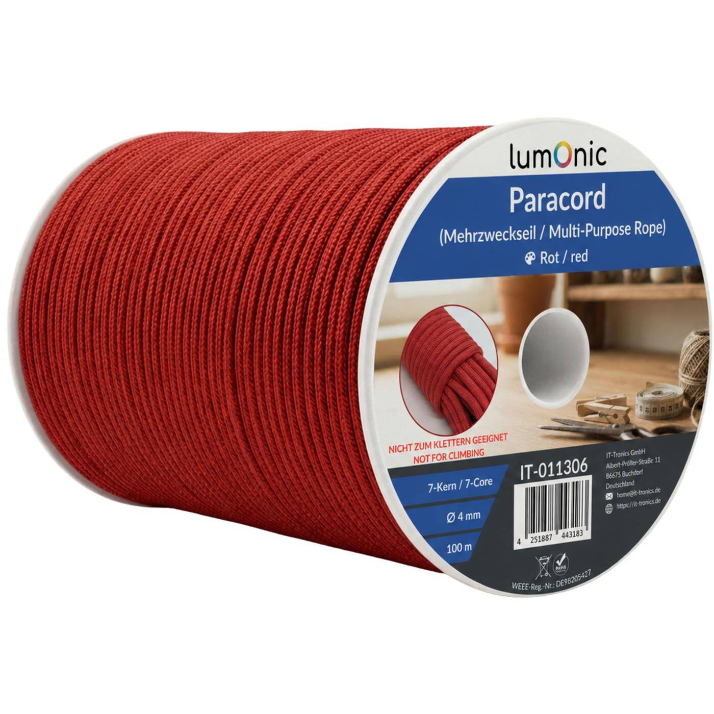 Lumonic 100m Paracord 4mm Red | 100% nylon | 7 cores, 32 strand sheath | Max. 125 kg load capacity | dog leash, bracelet, outdoor, bushcraft, tent cord