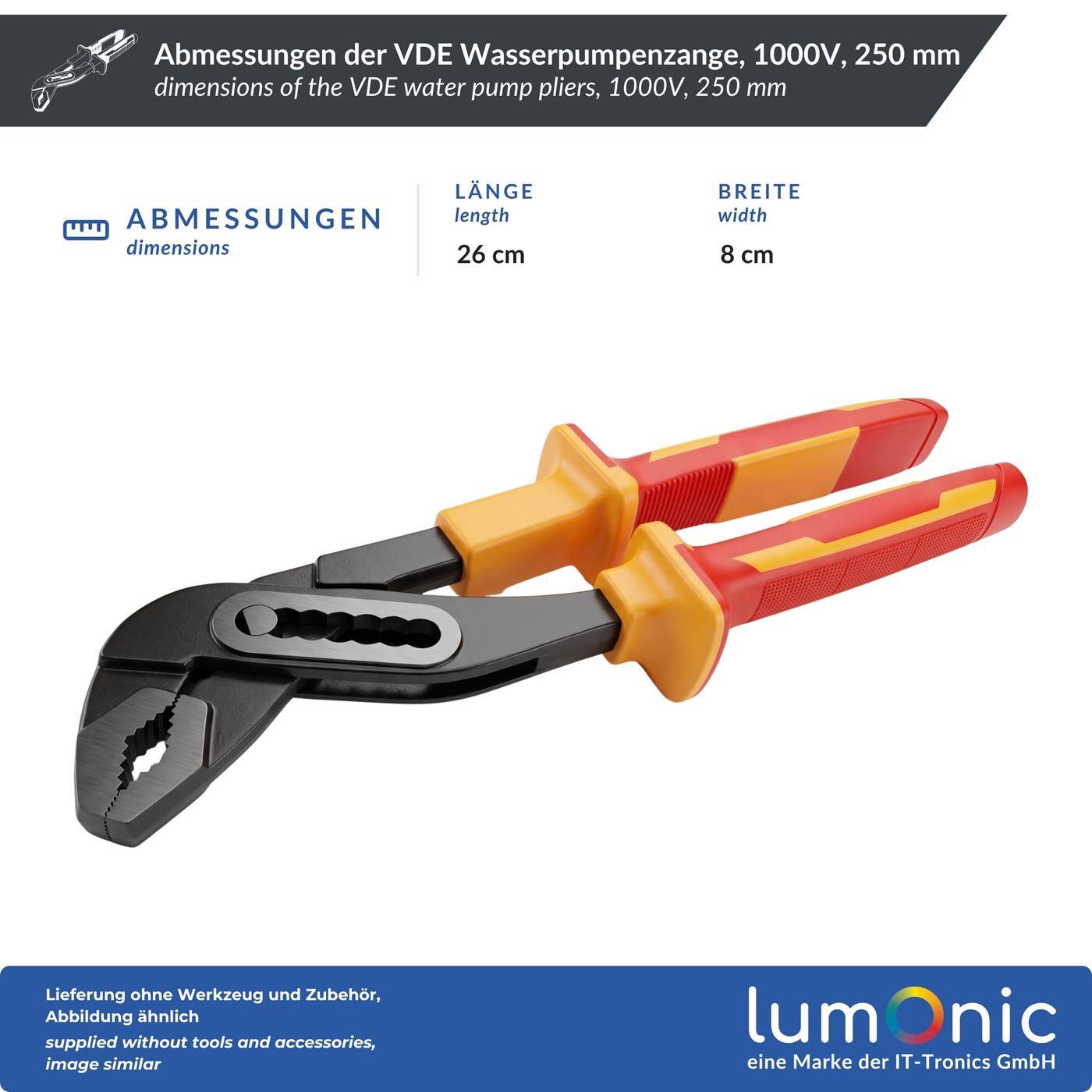Lumonic VDE Water Pump Pliers 1000V, 250 mm - Box joint with locking nut, jaw opening up to 36 mm, 60CrV steel, for electrical and plumbing work