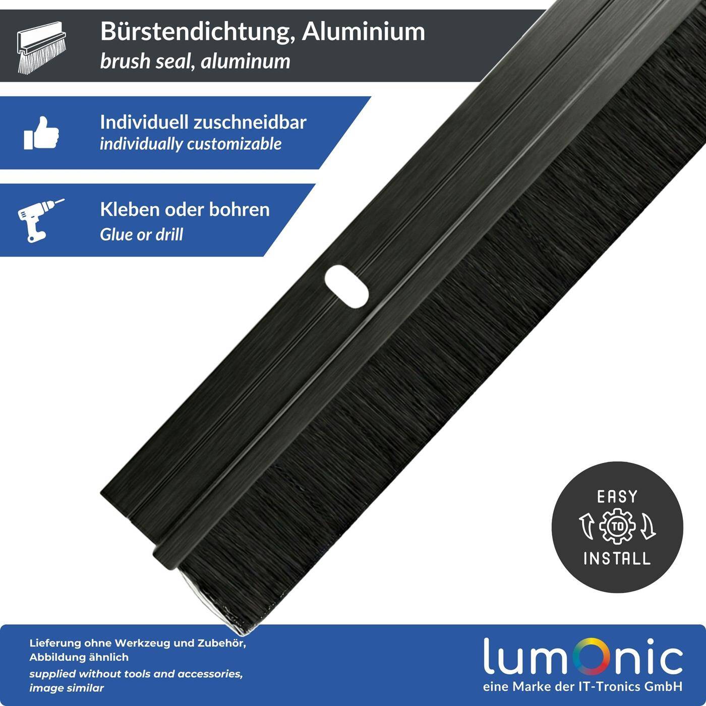 1m Brush seal 20mm Aluminum profile black Saves heating costs Screwable + Can be cut to size Door bottom seal as draught excluder Cold protection Insect protection for doors