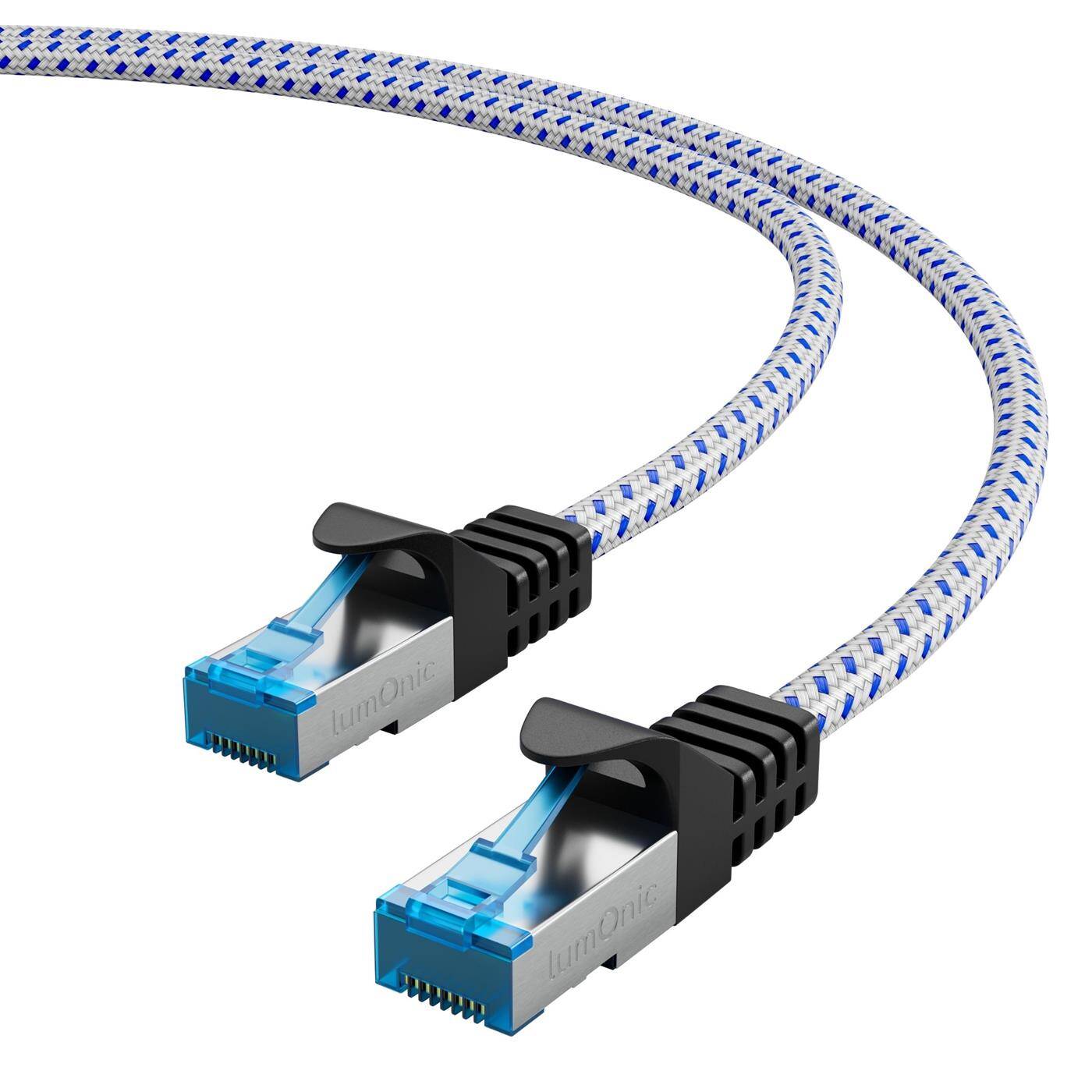 2m CAT8.1 Patchkabel S/FTP RJ45 Weiß Blau Premium Nylon Optik Ethernet LAN Netzwerkkabel