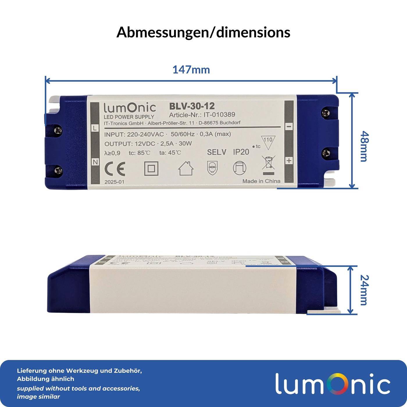 Lumonic I LED transformer BLV-30-12 I 12V 30W I Input 220-230VAC I flicker-free I Overload protection I LED power supply unit I for LED lighting