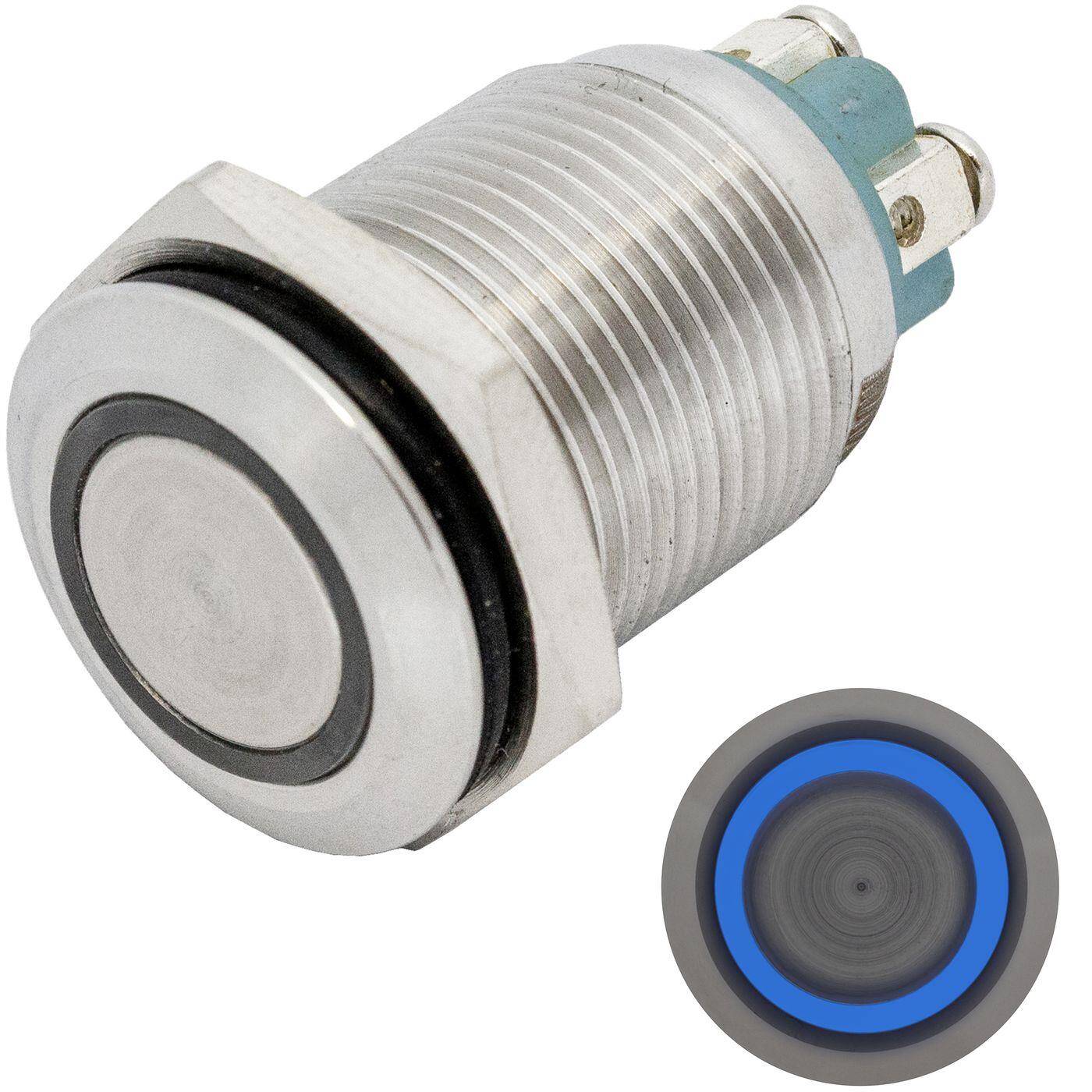 Lumonic Edelstahl Drucktaster flach 16mm Durchmesser I Mit einer Ring LED in Blau Maße: Schraubanschluss 250V 3A I Vandalismussicher nach dem IP65 Standard