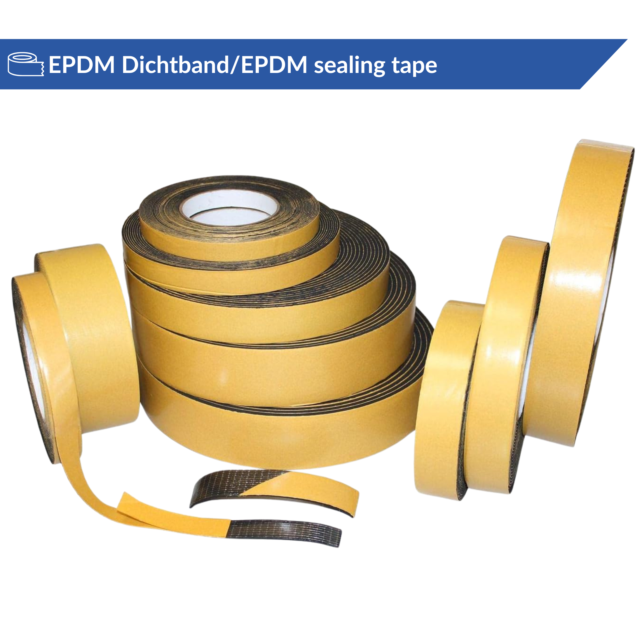 Ausgestellt sind mehrere Rollen EPDM Dichtband. Mit unterschiedlichen Breiten sind diese Bänder hochkant und flach gestapelt. Auf einem Etikett ist deutlich zu erkennen: „EPDM Dichtband/EPDM sealing tape“.