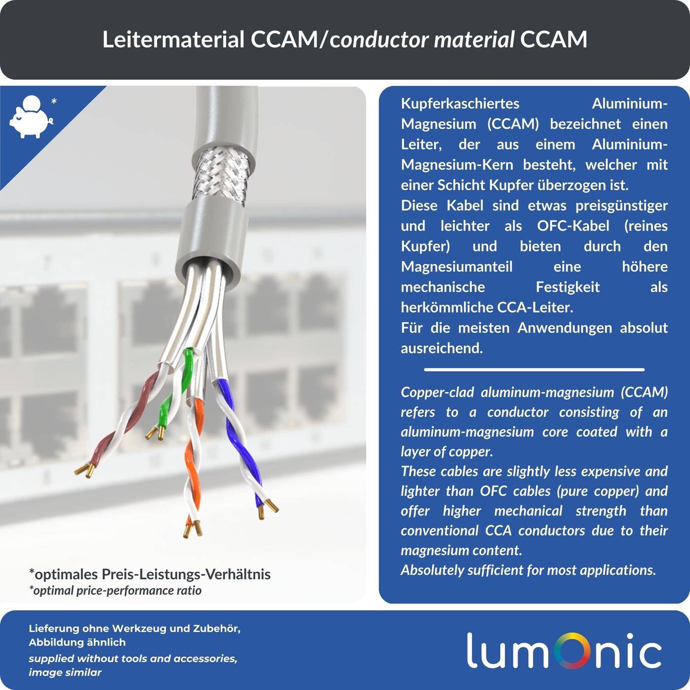 Lumonic LAN Netzwerkkabel 100m | LAN Kabel CAT6 S/FTP | Verlegekabel 4x 2x AWG24/1 (starr) | 250MHz 10 Gbit/s Ethernet