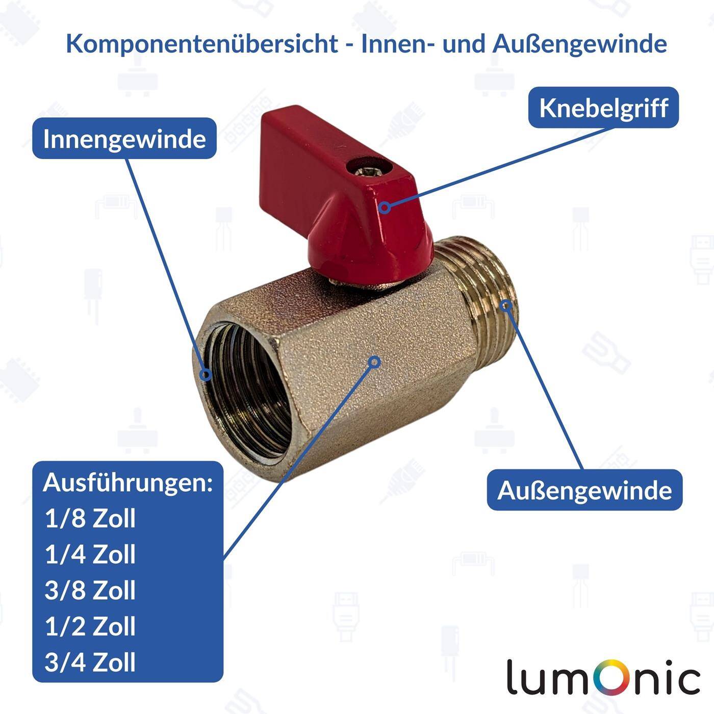 Ball valve Hexagonal with toggle handle 1/4 Customs Internal thread + External thread Chrome-plated brass Stopcock for compressed air Workshop