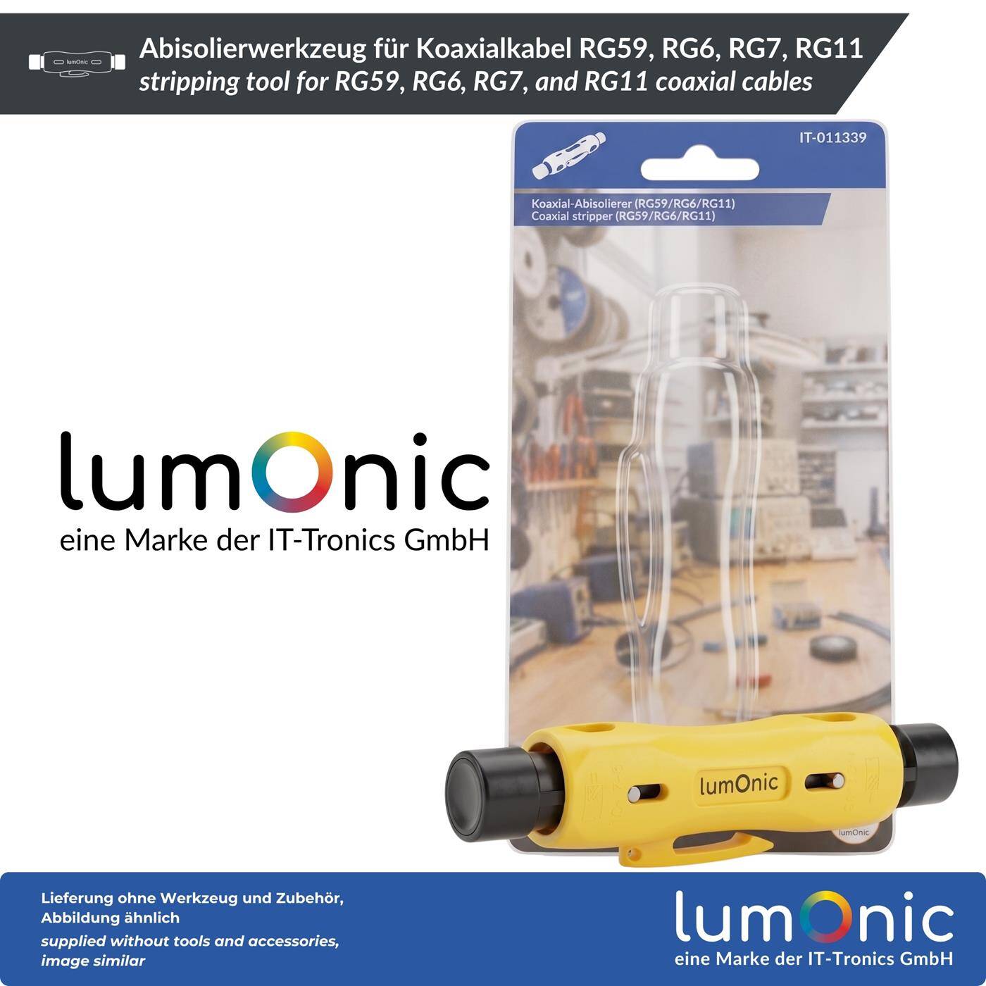 Lumonic Abisolierwerkzeug für Koaxialkabel RG59, RG6, RG7, RG11 - doppelseitig für zwei Kabelgrößen, Abmantelungswerkzeug, Kabelabisolierer, Klinge aus Metall, für SAT und Antennenbau