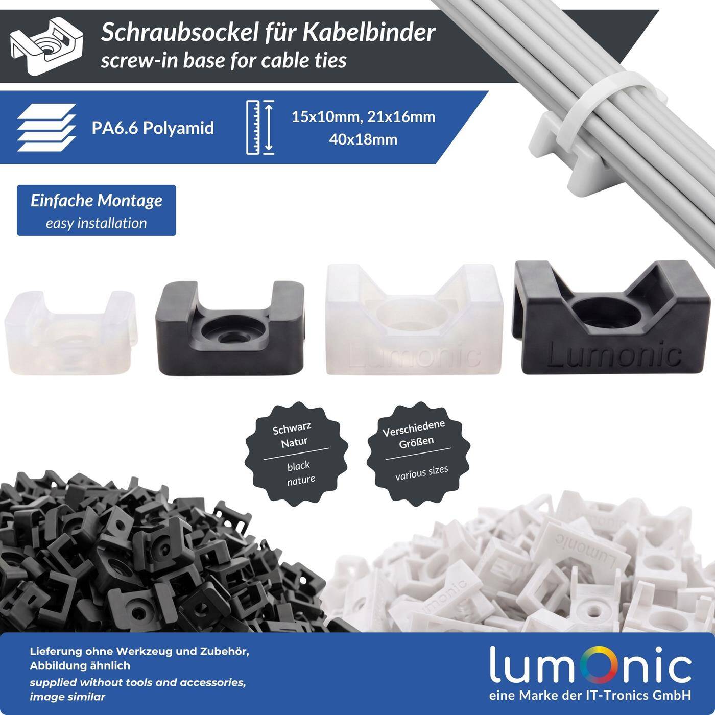 50/100 Stück Schraubsockel für Kabelbinder, 15x10mm, 21x16mm, 40x16mm