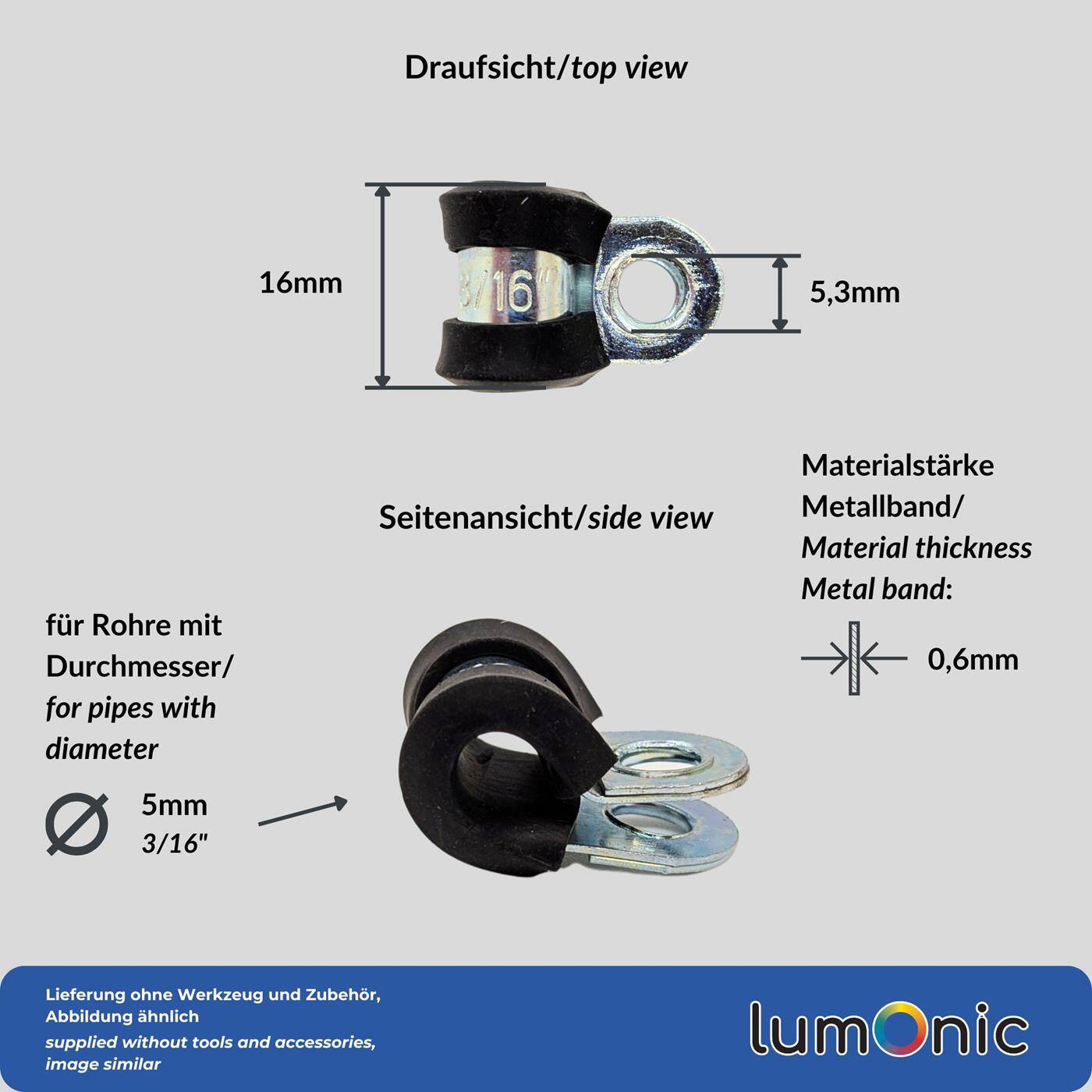 Lumonic 5x 5mm Rohrschellen mit Gummieinlage I Kabelschellen zum Schrauben I Schlauchschelle 5mm, Rohrschellen, Befestigungsschelle 5mm, Rohrhalterung