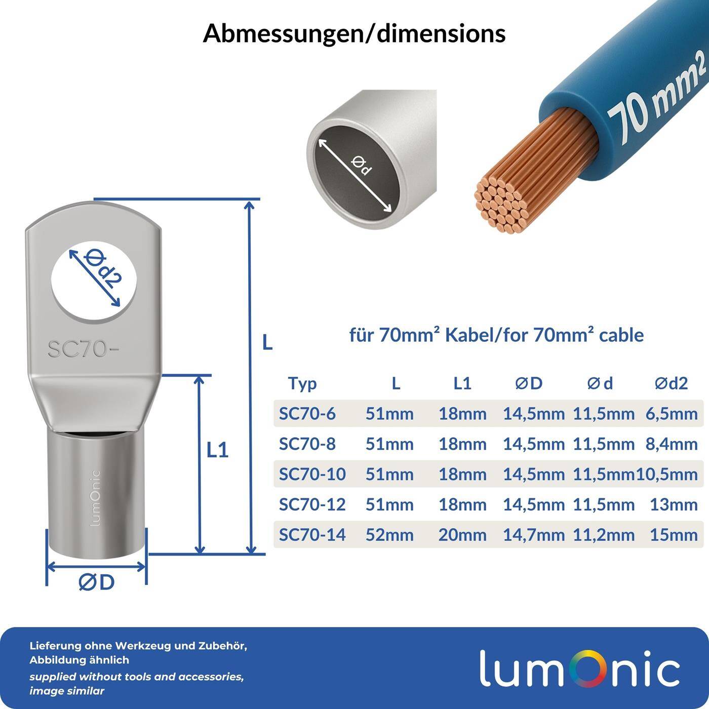 Lumonic 1x Rohrkabelschuh 70mm² blank | M12 | Kupfer verzinnt | Kabelverbindung ohne Löten | SC70-12, Crimp-Kabelschuh, Quetschverbinder | KFZ, Maschinenbau, Wohnmobil, Batterie