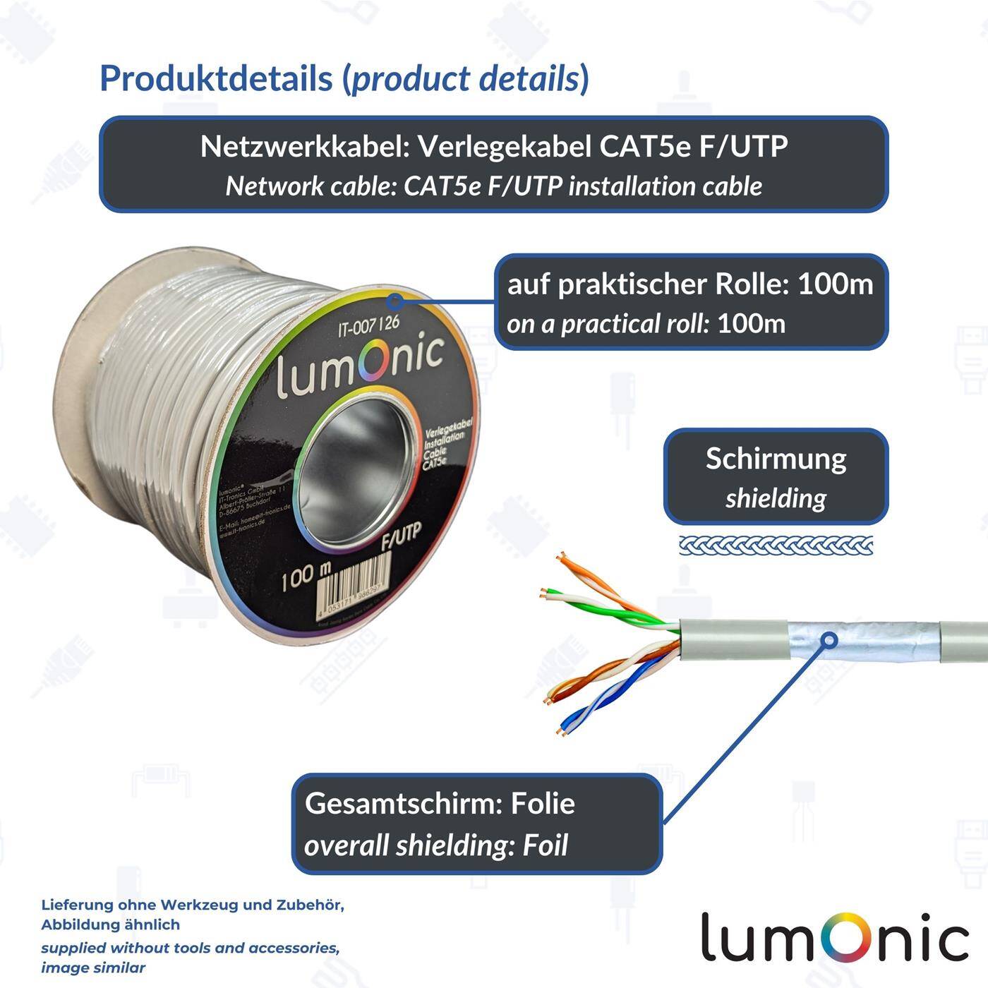 100m Netzwerkkabel Verlegekabel CAT5e F/UTP Ethernet Kabel LAN Kabel CAT.5e