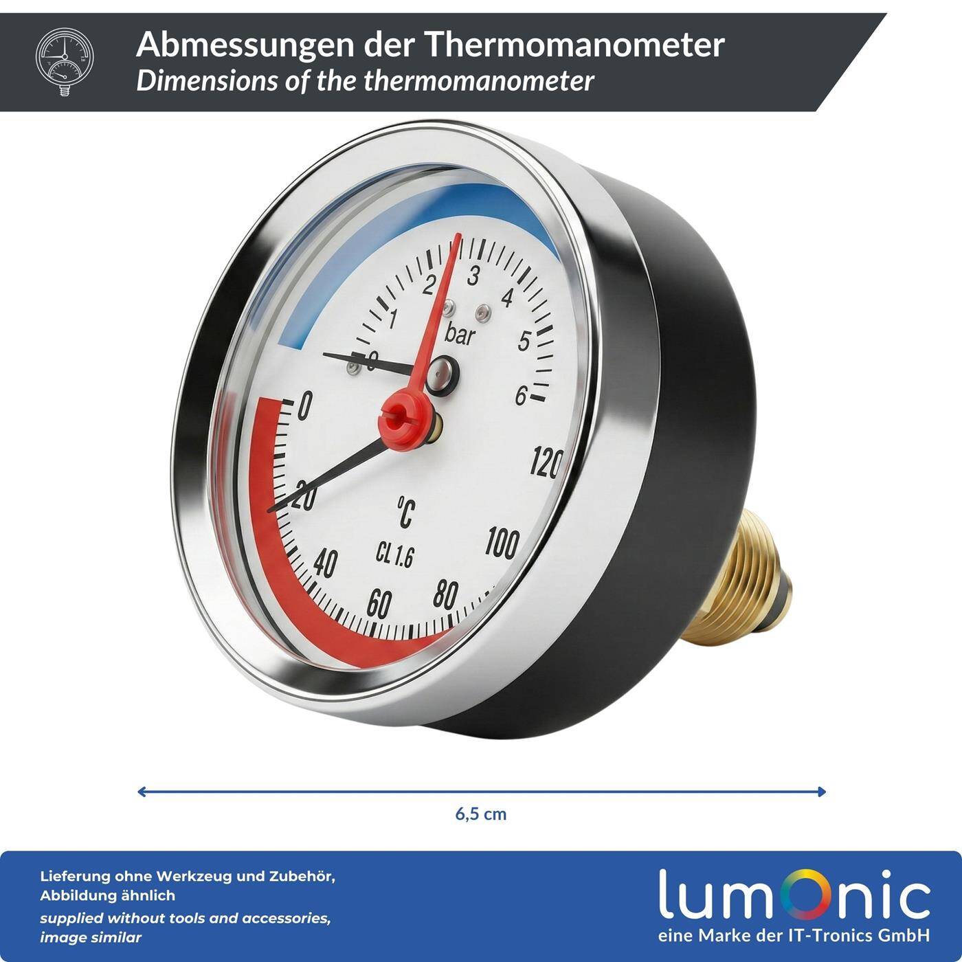 Lumonic Thermomanometer 6bar 0-120°C | 1/4 + 1/2 Zoll (Adapter) | Anschluss hinten | Ø 80mm, große Skala | Heizung Manometer | Metallgehäuse
