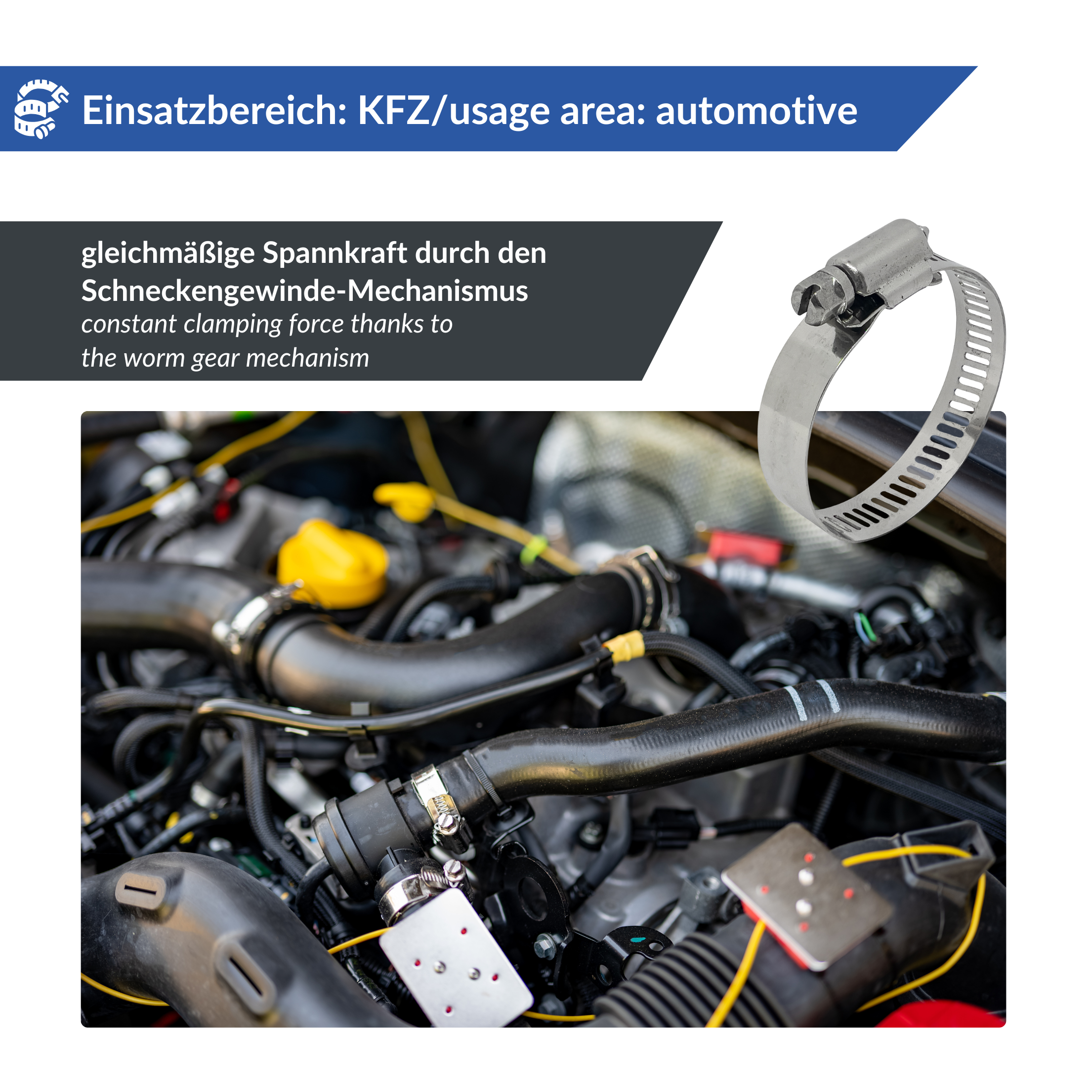 Nahaufnahme eines Automotorraums mit verschiedenen Schläuchen und Kabeln. Oben rechts ist ein überlagertes Bild einer Schlauchschelle zu sehen. Der Text in Deutsch und Englisch hebt den Schneckengetriebemechanismus für konstante Klemmkraft hervor.