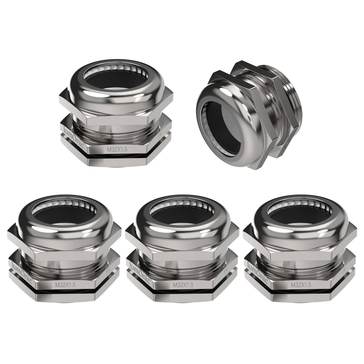 5er Set Kabelverschraubung Metall M32, Klemmbereich 15-22mm, IP68, mit Gegenmutter, Messing vernickelt, EMV, -40…+100°C, entspricht PG21