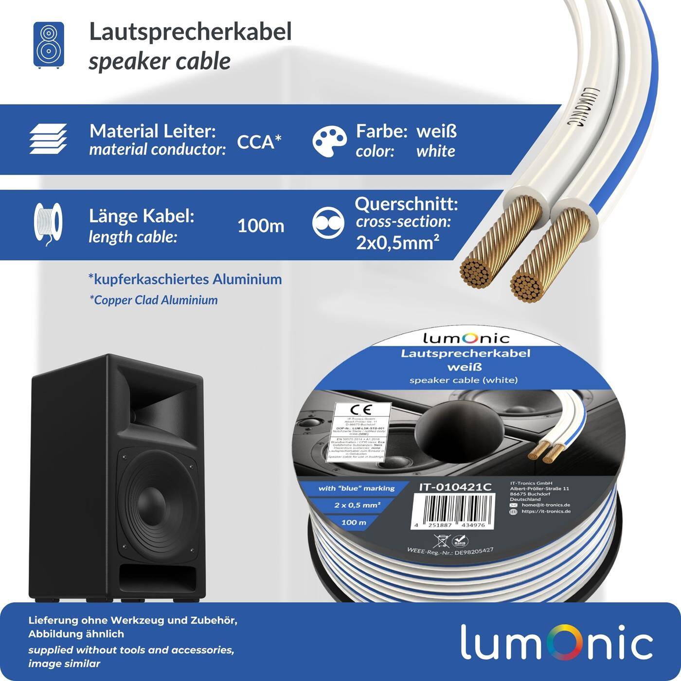 Lumonic Speaker cables | 100m White | 2x 0,5mm² CCA | Blue marking HiFi speaker cable | Audio twin line