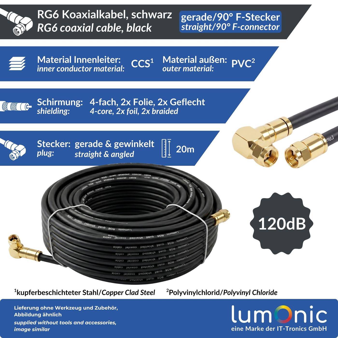 Lumonic 20m Antenna cable RG6 | Gold-plated straight &amp; 90° angled F plugs | black | 4-fold shielded 120dB | ready-made | Coaxial cable, satellite cable, DVB-T2, cable internet