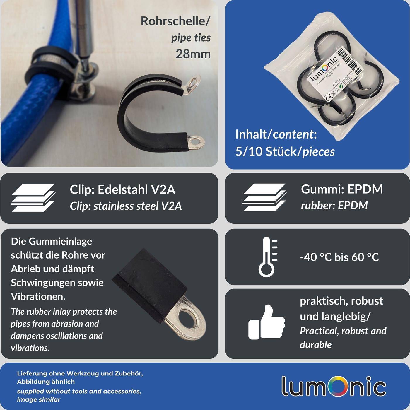 Lumonic 5x 28mm Rohrschellen mit Gummieinlage Edelstahl V2A I Kabelschellen zum Schrauben I Schlauchschelle 28mm, Rohrschellen, Befestigungsschelle 28mm, Rohrhalterung